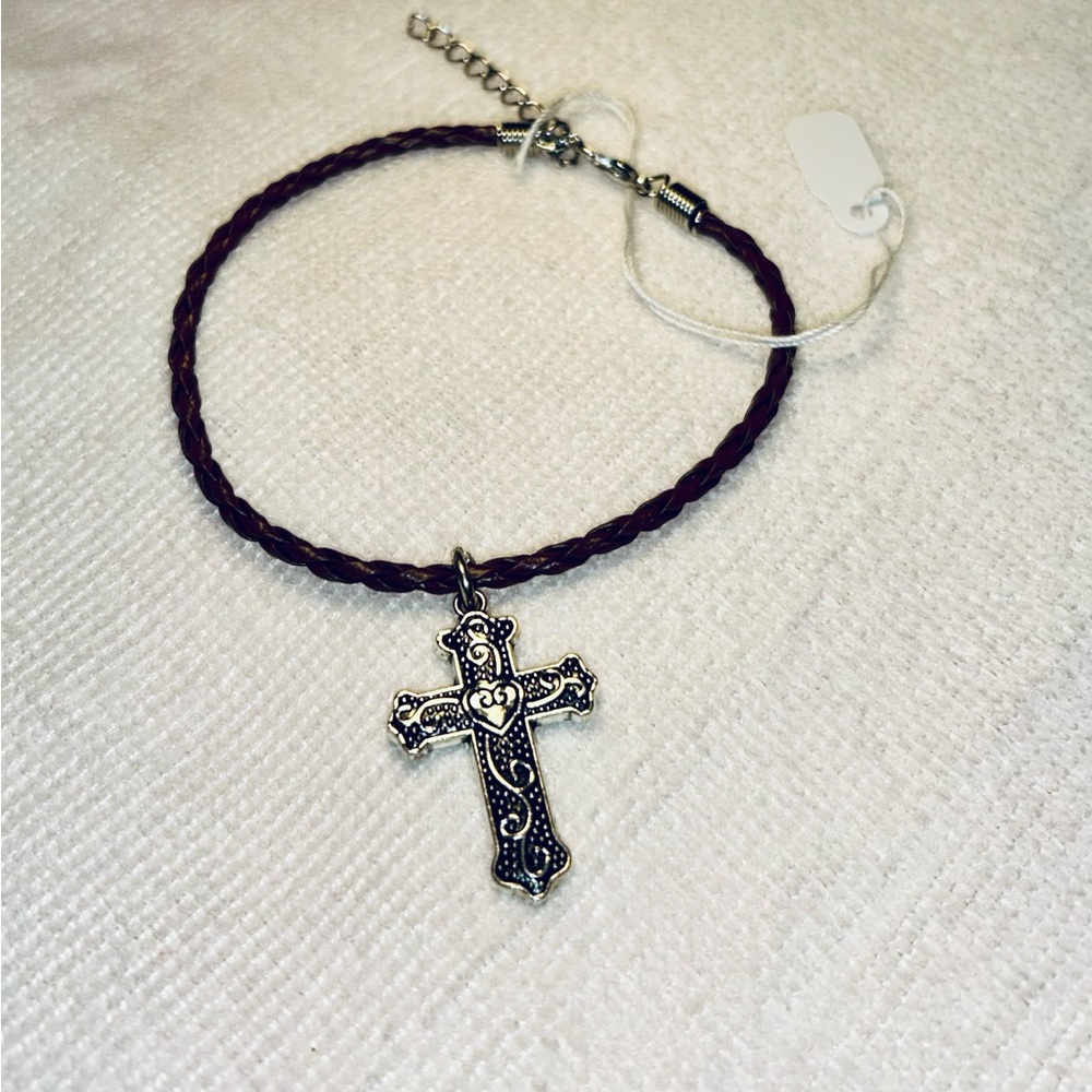 NWT Genuine Leather Elegant Braided Bracelet with Intricate Cross Charm